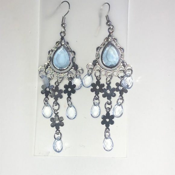 Jewelry - Silver Tone Blue Beads Dangling Chandelier Boho Pierced Earrings